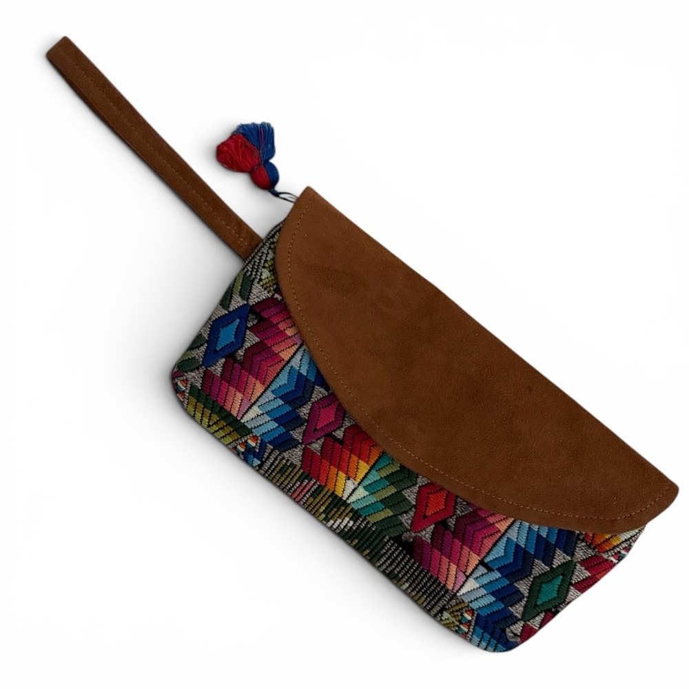 Ruggine Embroidered Beaded Boho Pattern Handmade Clutch Faux Leather Wristlet